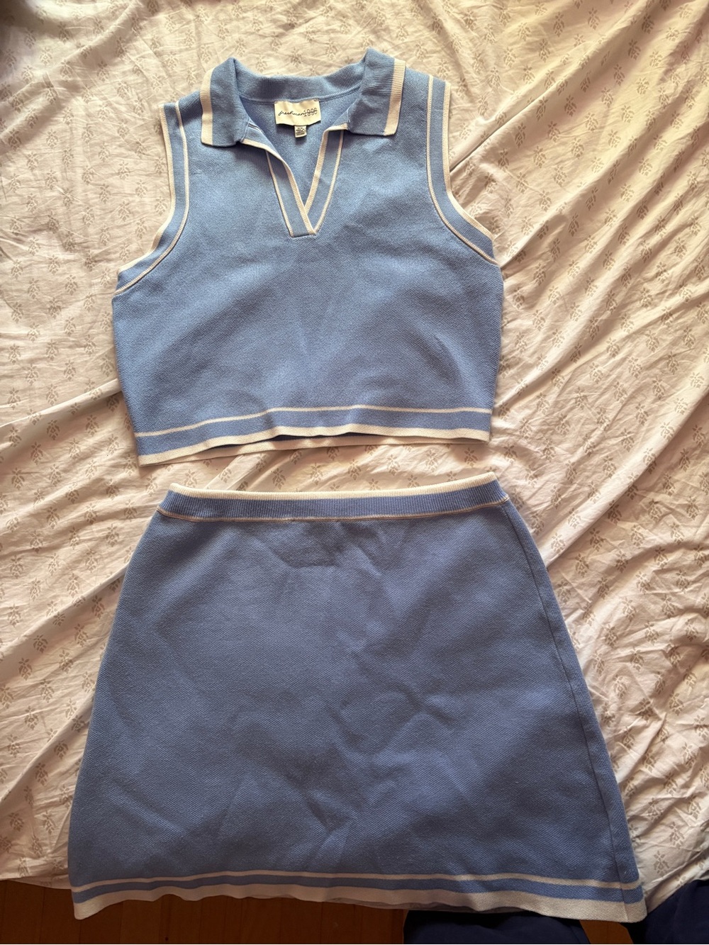 Freshman Sky Blue Knit Two-Piece Skirt Set with White Trim